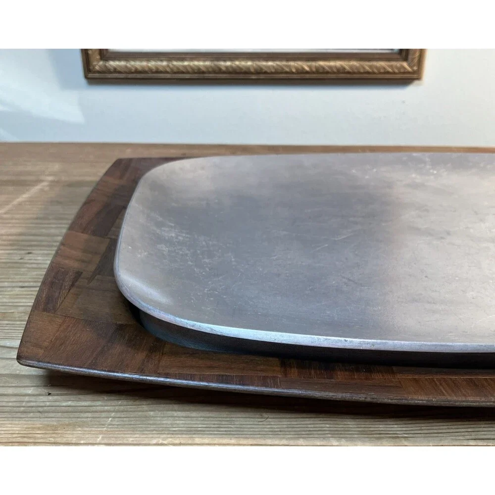 VTG Hand Woven Weavewood Steak Sizzler Aluminum Insert Walnut Serving Tray USA